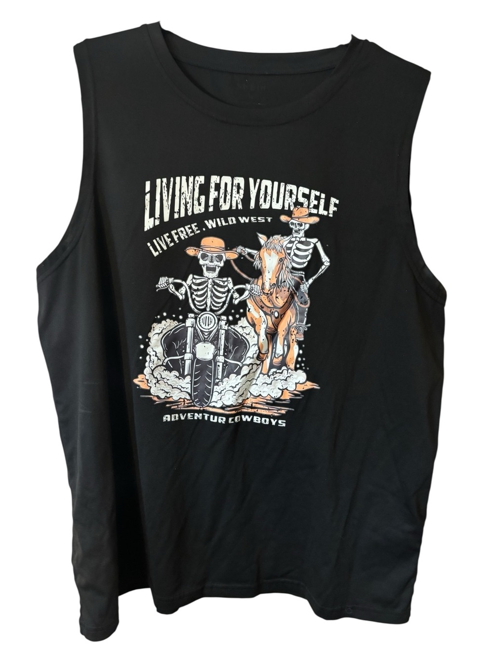 Muscle Tee XXL SHEIN Black Graphic Tank Top Skeleton Cowboy Design Wild West Men